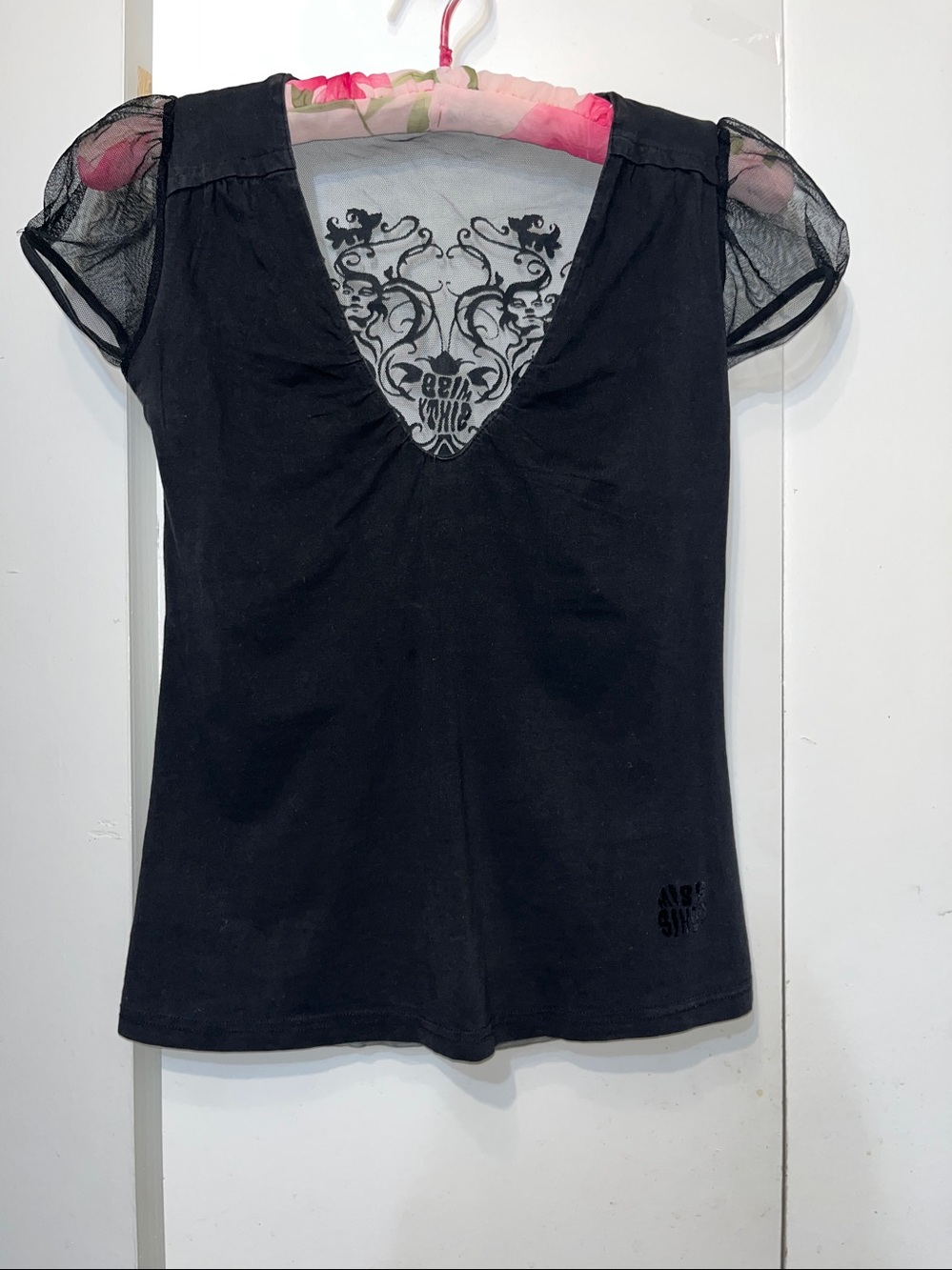 Miss Sixty Black V-Neck Top with Sheer Cap Sleeves